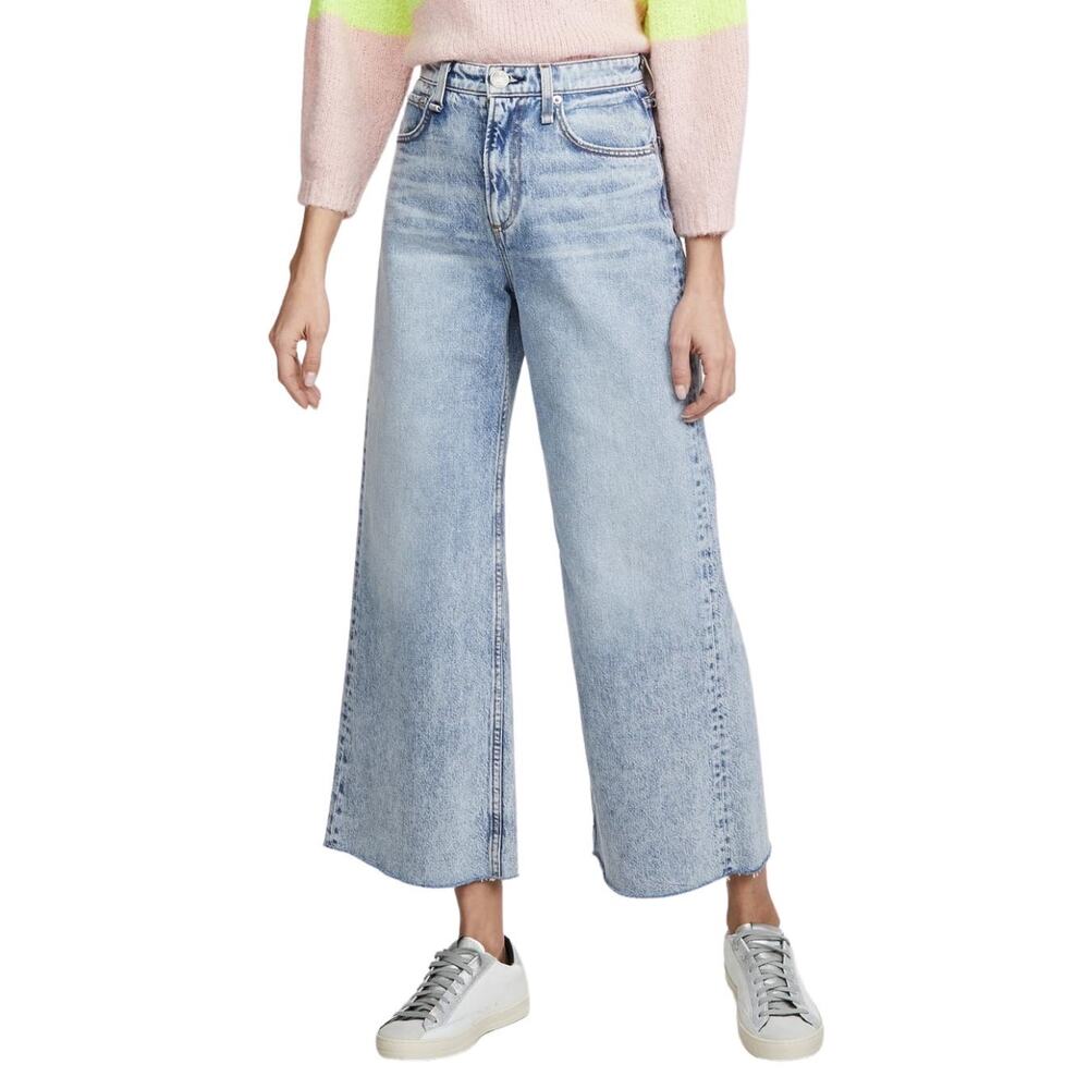 rag & bone Ruth Super High Rise Wide Leg Jeans Frant Blue Ankle Cropped Raw Hem